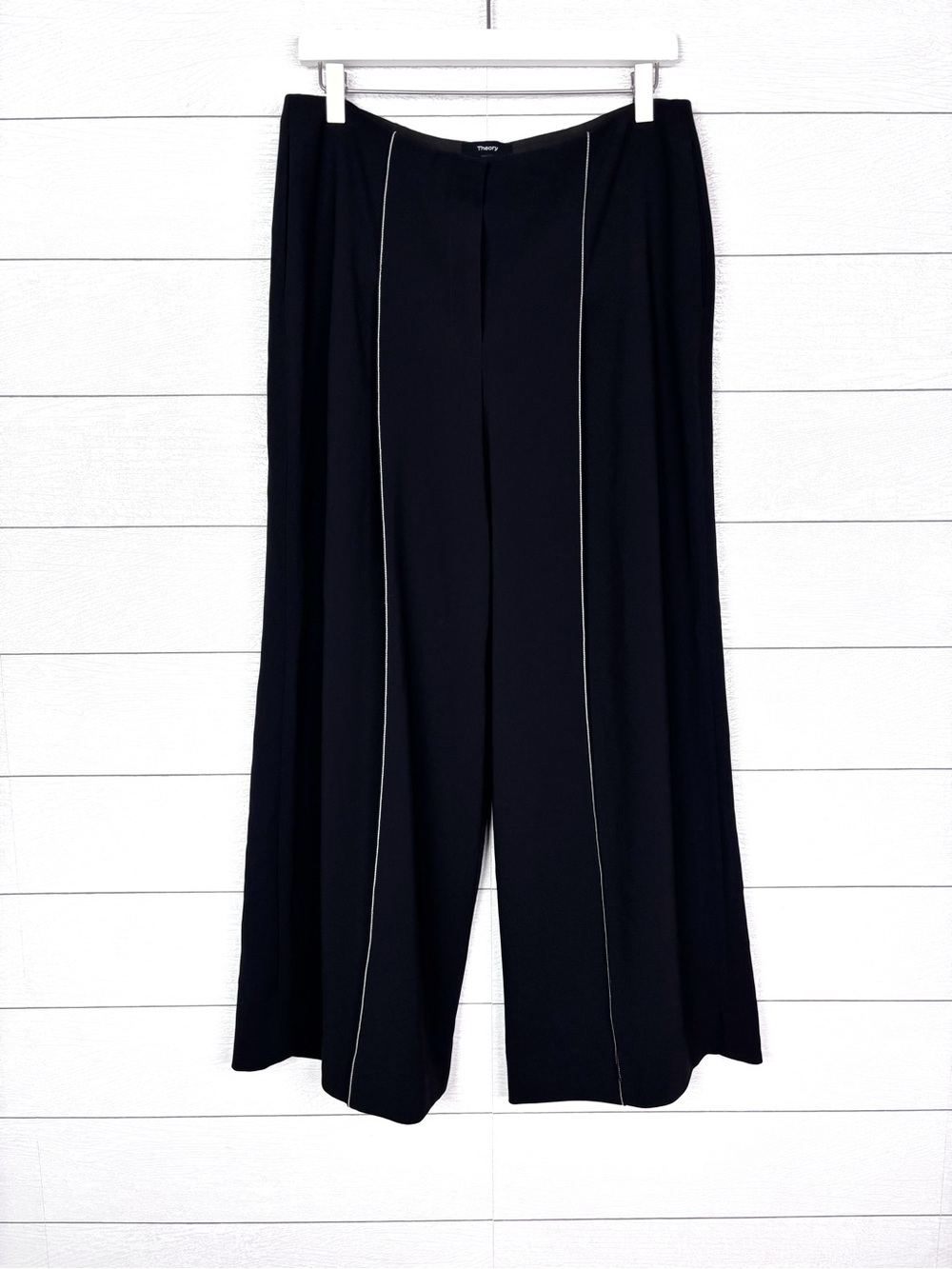NWT Theory Admiral Crepe Wide Leg Trouser Pant Pleat Black White Stitch New 8